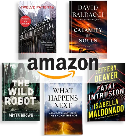 A collection of Amazon books featuring the phrase Amazon What Happens Next prominently displayed on the cover.