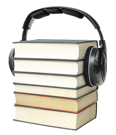 A stack of books topped with a pair of headphones, suggesting a blend of reading and listening experiences.