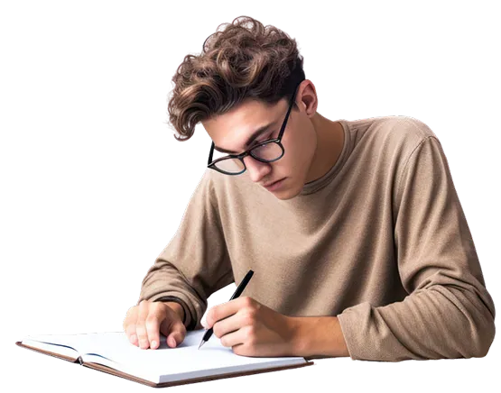 A man wearing glasses writes in a notebook, focused on his task.