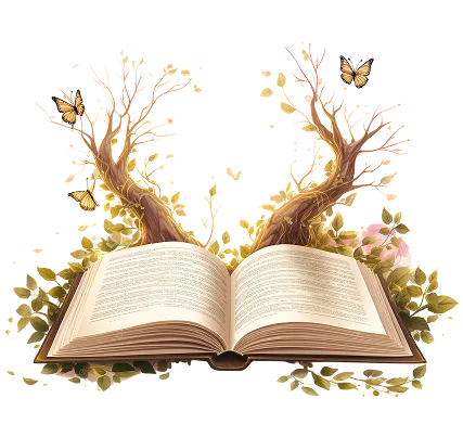 An open book featuring illustrations of trees and butterflies, symbolizing nature and imagination.
