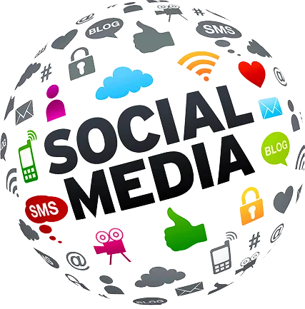 Circular arrangement of social media icons including Facebook, Twitter, Instagram, and LinkedIn.